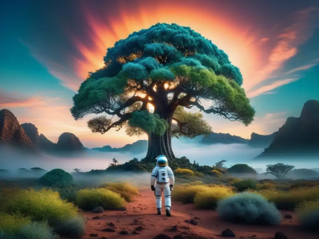 Un astronauta en un planeta alienígena, maravillado por un árbol místico