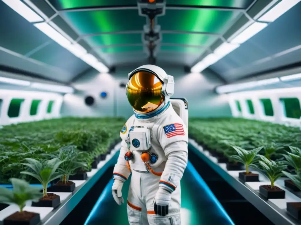 Astronauta cuidando plantas en estación espacial, ilustrando vida diaria astronautas espacio