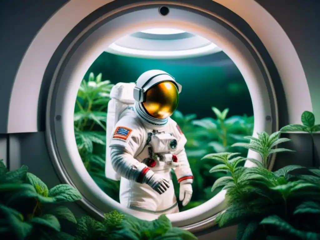 Un astronauta cuida plantas en un hábitat espacial, destacando la educación y cultura en el espacio