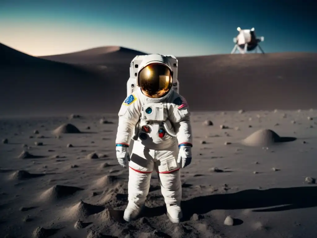 Astronauta contemplando la primera noche en la Luna, reflejando la vastedad del espacio