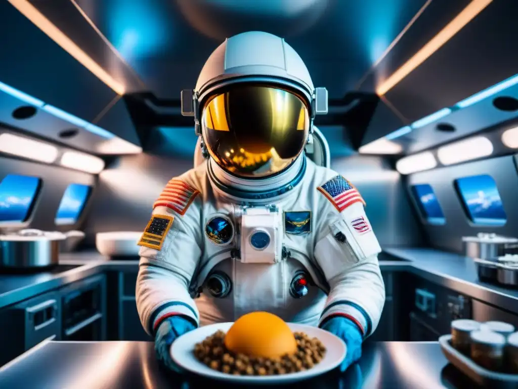 Astronauta preparando recetas cocina espacial astronautas en su cocina futurista a bordo de una nave espacial