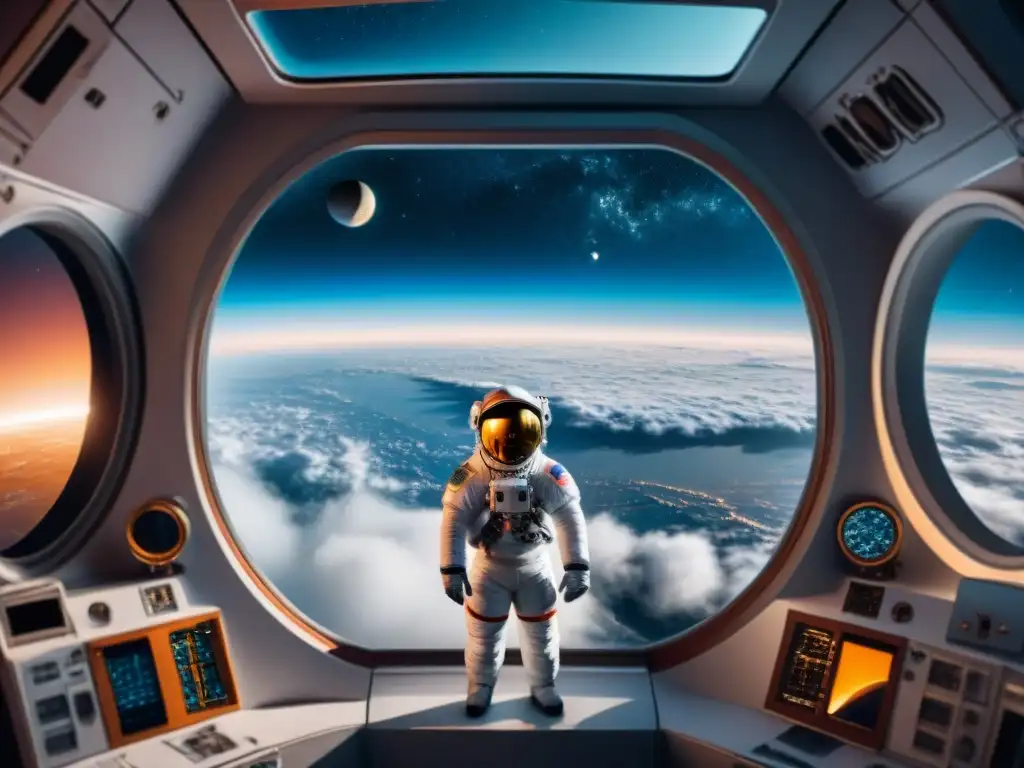 Un astronauta reflexivo contempla el cosmos desde una nave espacial, transmitiendo el impacto psicológico de los viajes espaciales