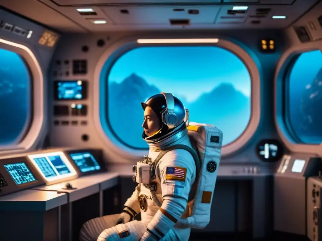 Astronauta reflexivo en estación espacial futurista Astronauta reflexivo en la estación espacial, mostrando manejo del estrés en el espacio