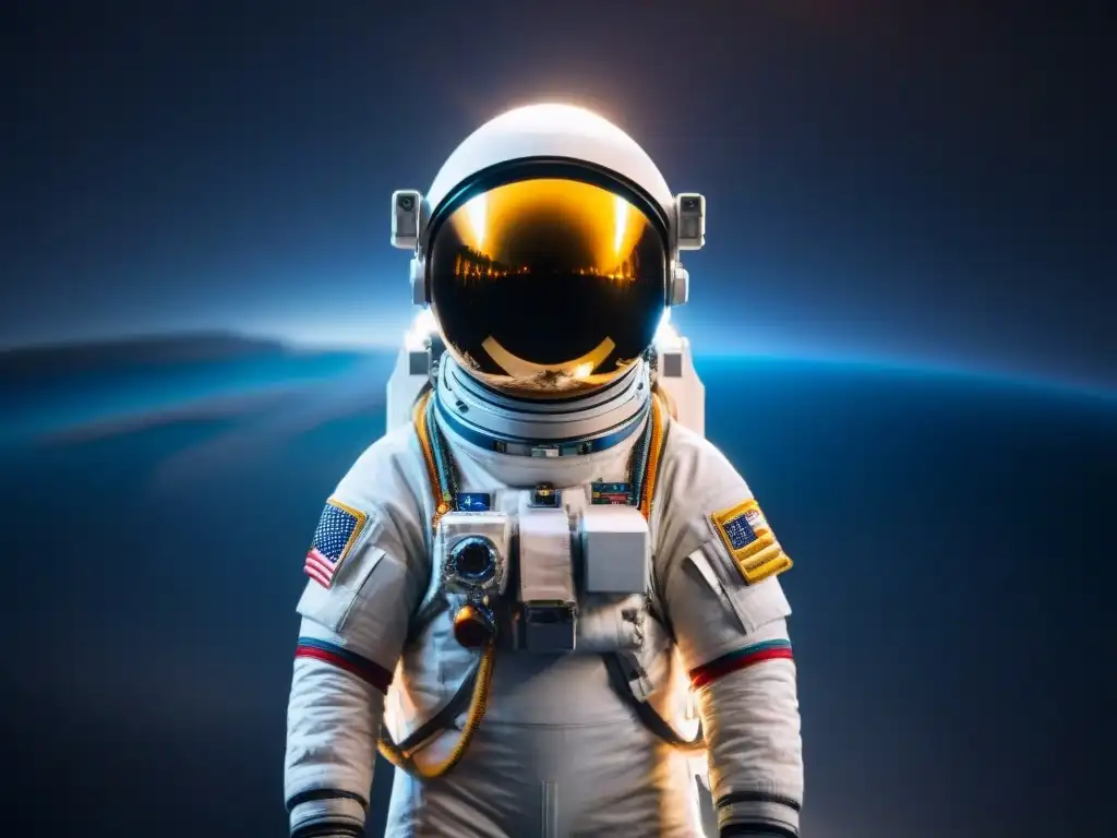 Un astronauta rodeado de sistemas de IA en el espacio, protegiendo la misión