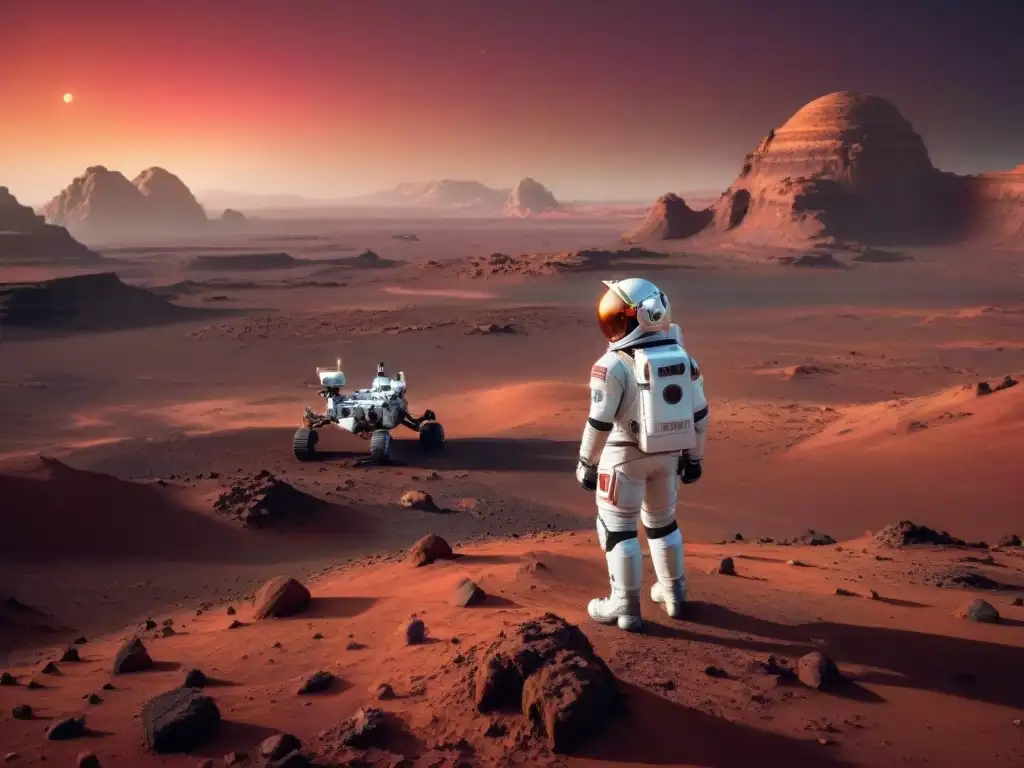 Un astronauta en Marte con un rover robótico, en un paisaje rocoso