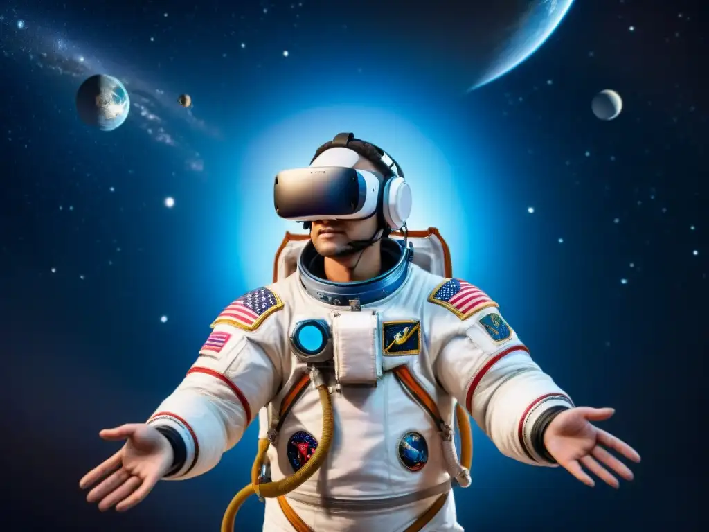 Un astronauta en una simulación de realidad virtual de vanguardia, flotando sin peso en el espacio exterior detallado y realista