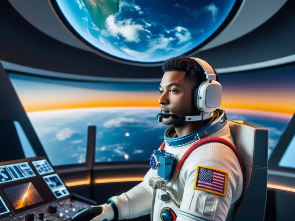 Astronauta en simulador VR de alta tecnología, listo para entrenamiento espacial