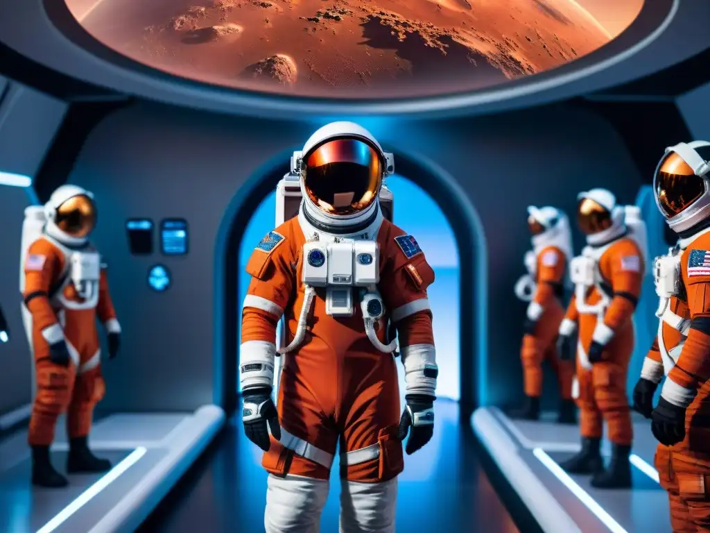 Astronauta en simulador de alta tecnología, preparación para misión a Marte