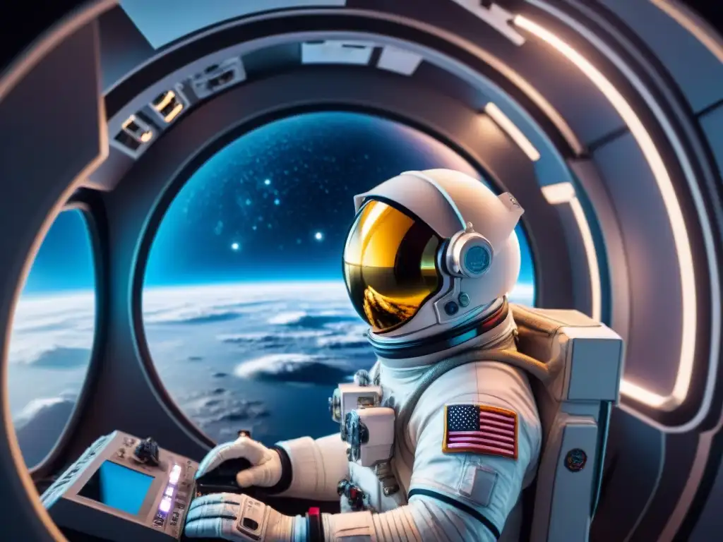 Un astronauta en simulador espacial futurista, rodeado de controles y pantallas de navegación, reflejando galaxia