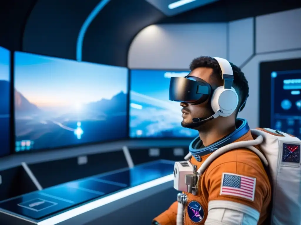 Un astronauta en simulador hightech con visor VR, inmerso en misión espacial hiperrealista