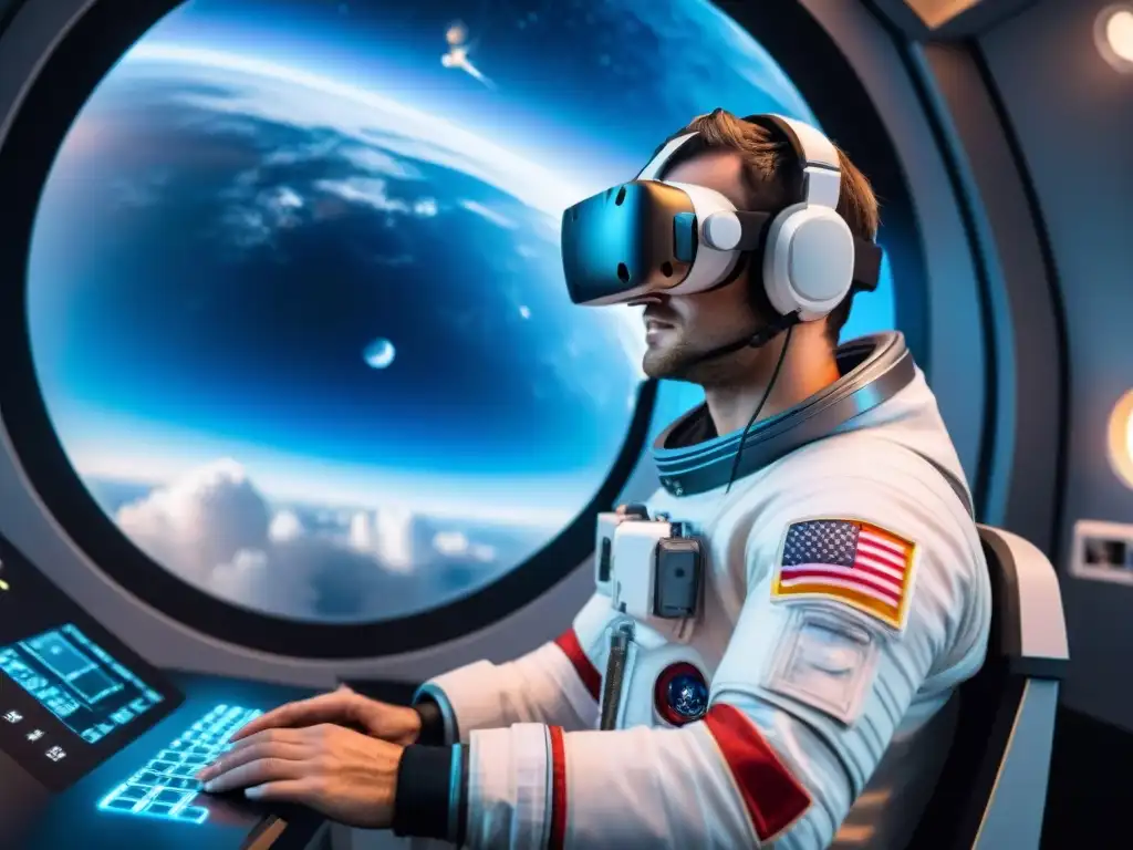 Astronauta en simulador VR avanzado, controlando nave espacial virtual