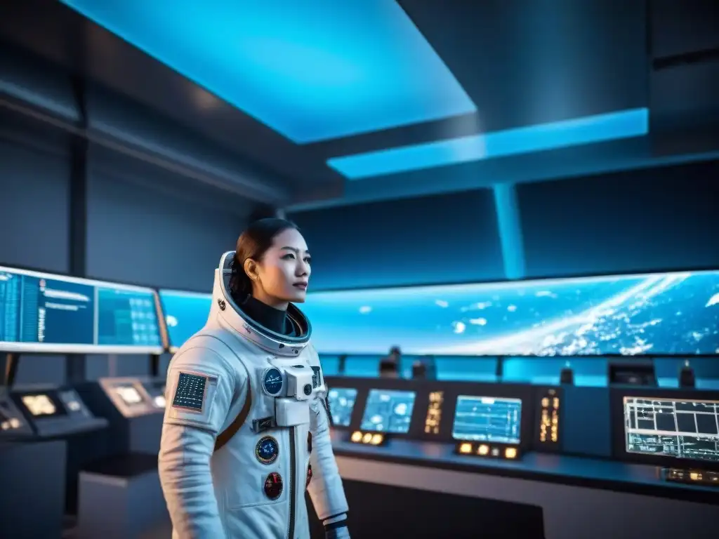 Un astronauta trabajando con un sistema de IA en una estación espacial futurista
