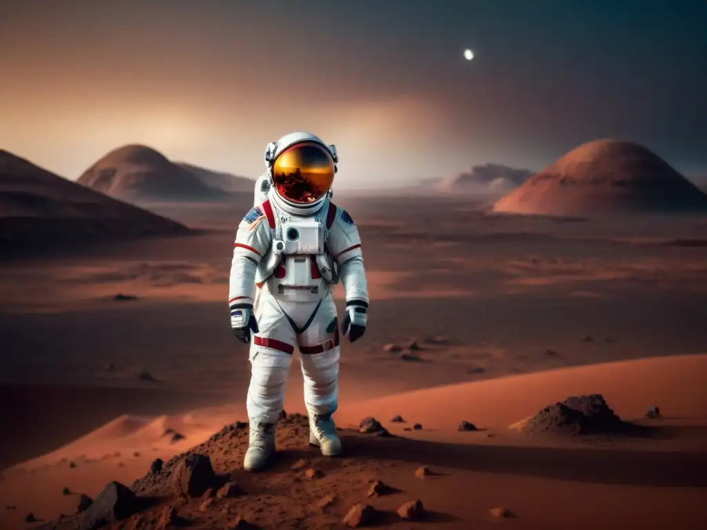 Un astronauta en Marte, reflejando la soledad y desafíos de la vida en el planeta rojo