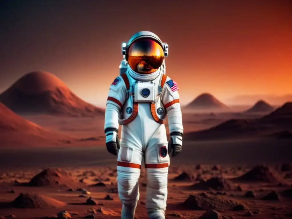 Un astronauta solitario contempla con determinación y asombro la vida en Marte, destacando la adaptación psicológica en este entorno hostil