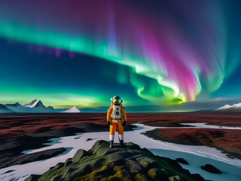 Un astronauta solitario observa una aurora boreal en un planeta desolado