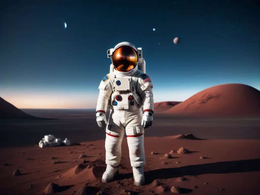 Un astronauta solitario contempla el infinito del espacio en un planeta desolado con una estación espacial futurista al fondo