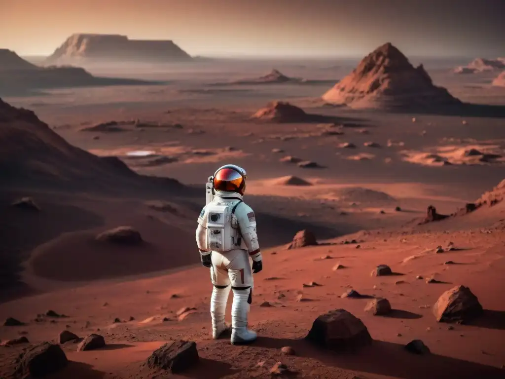 Un astronauta solitario en hábitat marciano futurista, reflejando la adaptación psicológica vida Marte