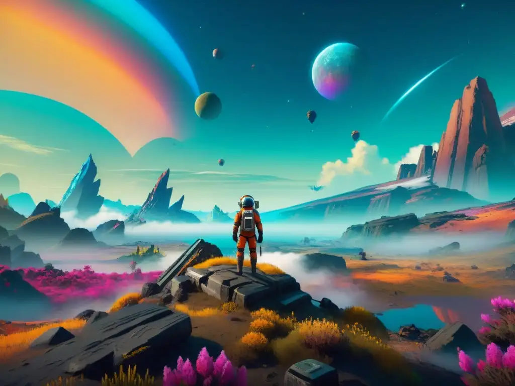 Un astronauta solitario en un paisaje alienígena vibrante y misterioso en 'No Man's Sky'