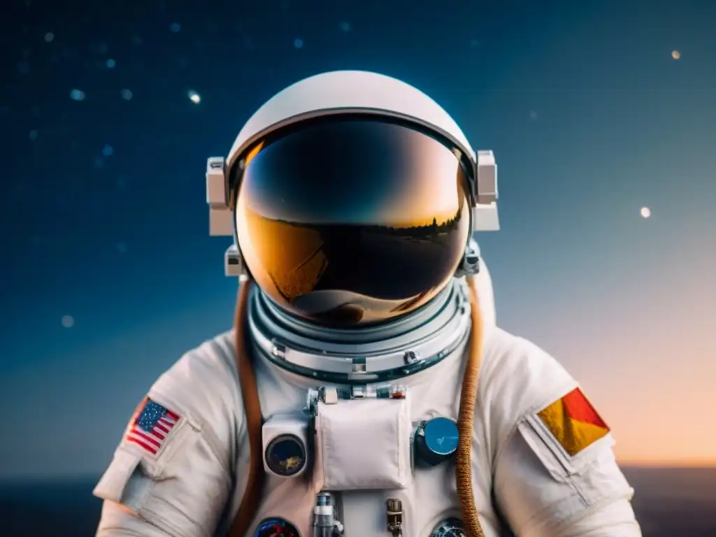 Un astronauta solitario lidiando con la pérdida en el espacio, reflejando la Tierra en su visor mientras flota en la inmensidad