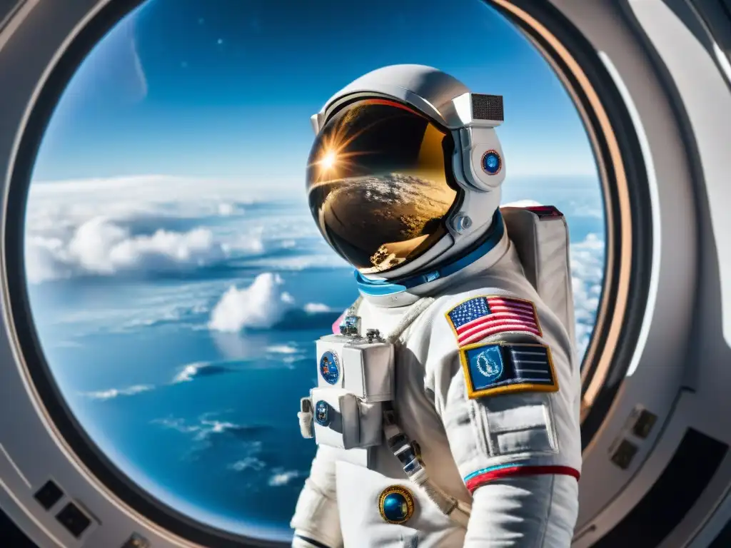 Un astronauta admirando la Tierra desde el espacio, reflejando determinación y asombro