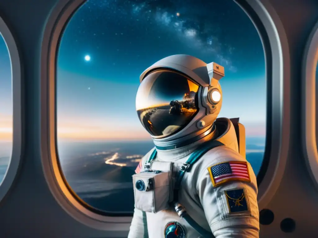 Un astronauta contempla la Tierra desde una estación espacial futurista, destacando la vida diaria en el espacio