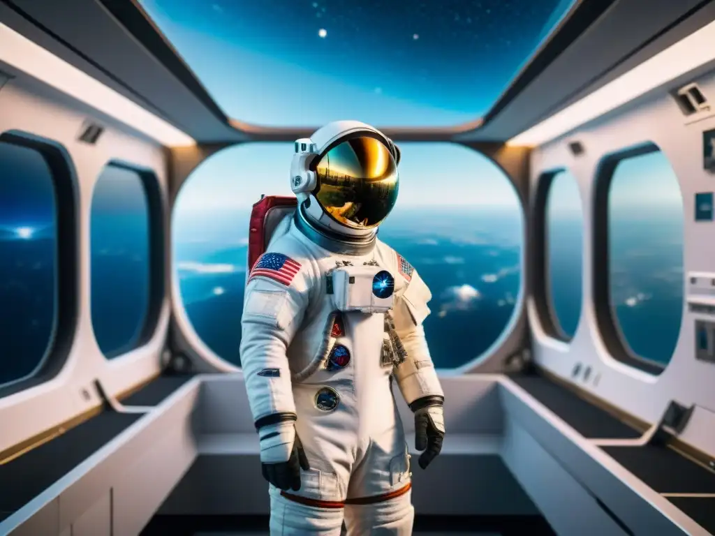 Un astronauta contempla la Tierra desde una estación espacial futurista, simbolizando la vida diaria en el espacio