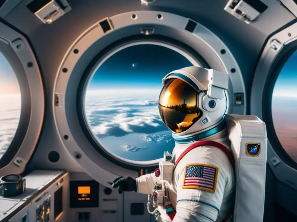 Un astronauta contempla la Tierra desde su nave, expresando asombro y determinación en la transición mental de la exploración del espacio