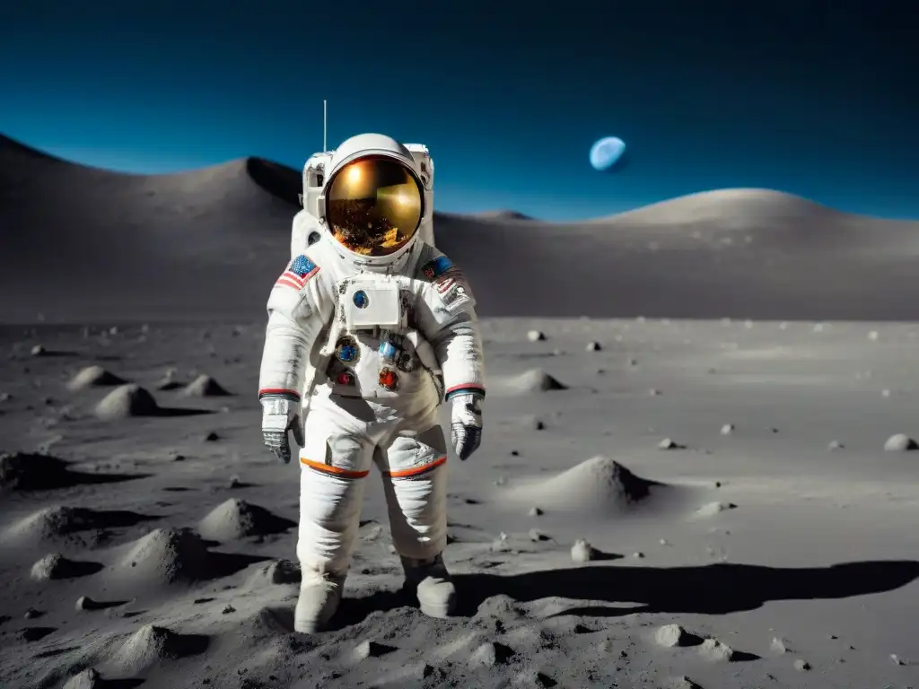 Un astronauta en traje espacial de alta tecnología sobre la Luna, con la Tierra de fondo, en la Misión Artemis exploración lunar global