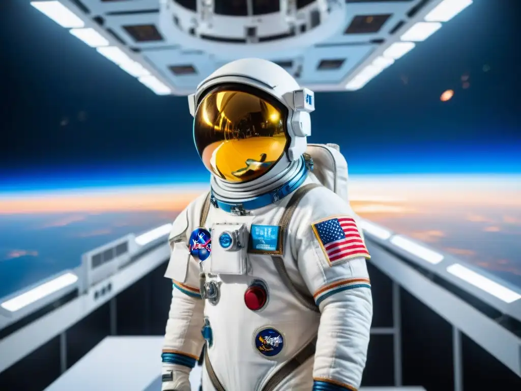 Un astronauta en traje espacial de alta tecnología frente a estación espacial futurista