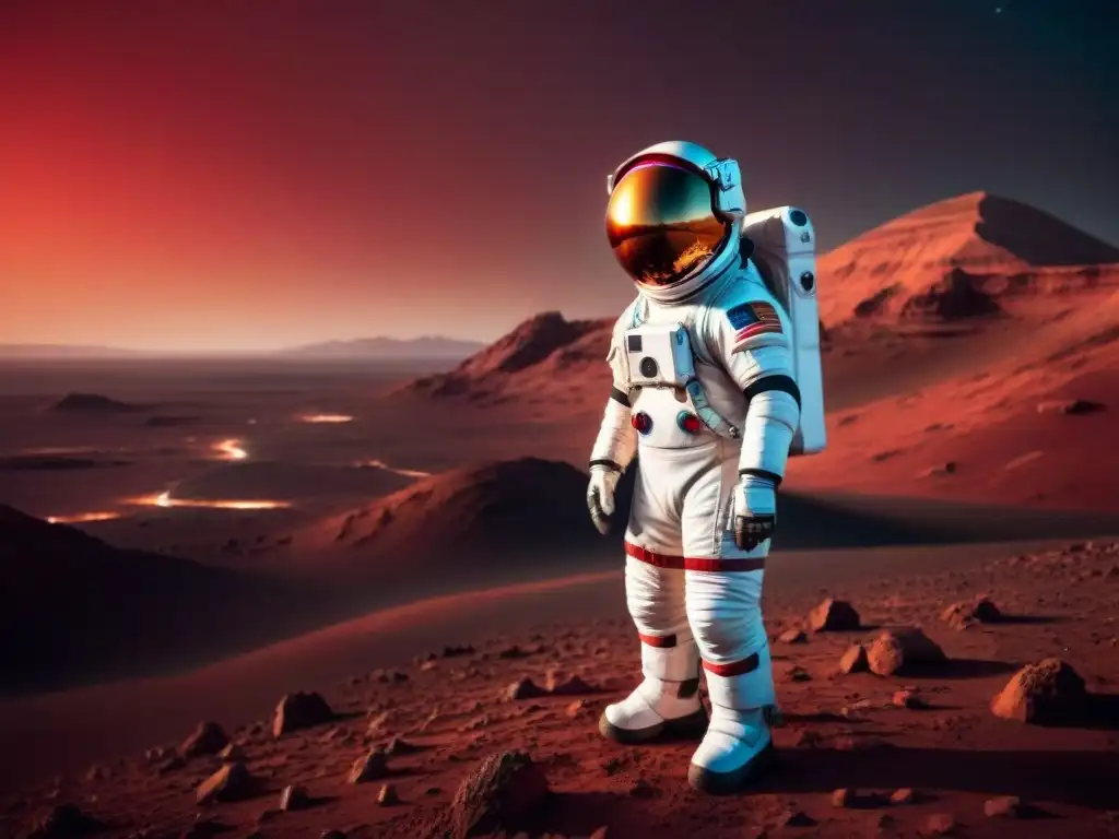 Un astronauta en traje espacial de alta tecnología contempla Marte al atardecer