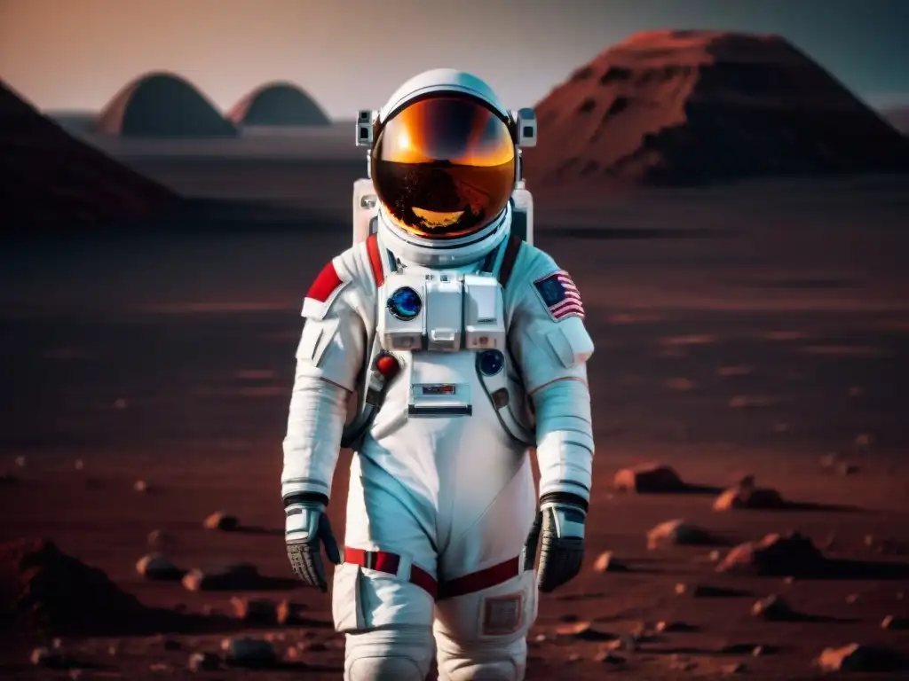 Un astronauta en traje espacial de alta tecnología entrenando en paisaje marciano