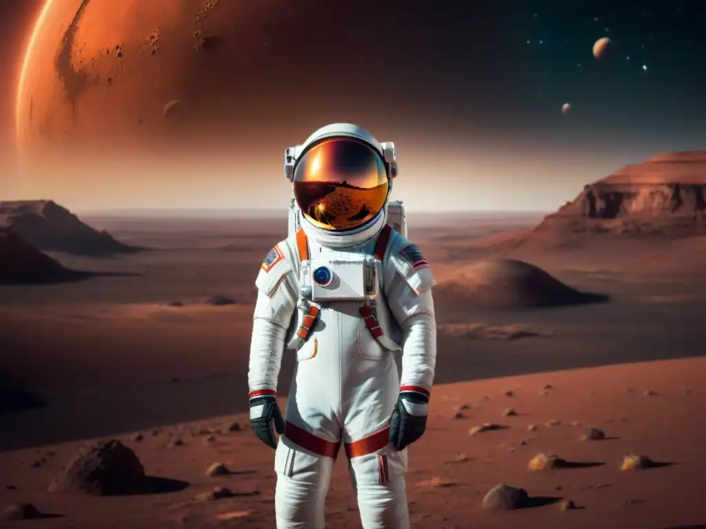 Un astronauta en traje espacial de alta tecnología se prepara para misión a Marte, con el planeta rojo al fondo y remolinos de polvo en el horizonte