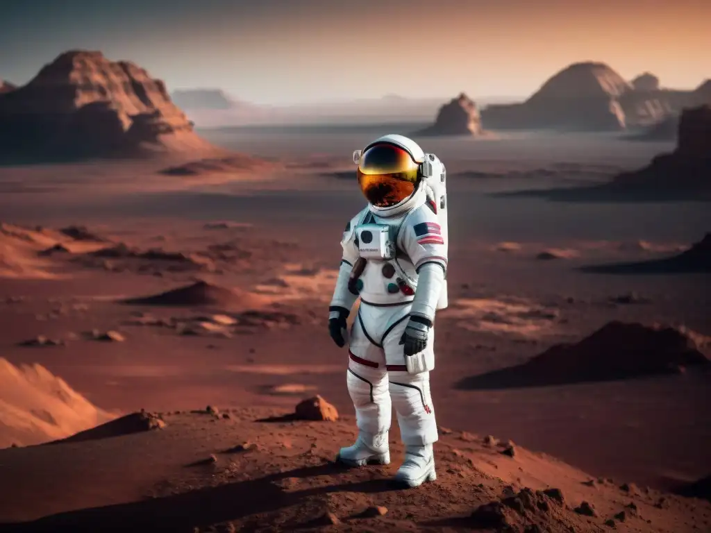 Un astronauta en un traje espacial de alta tecnología se prepara para explorar la superficie marciana, reflejando determinación en su mirada