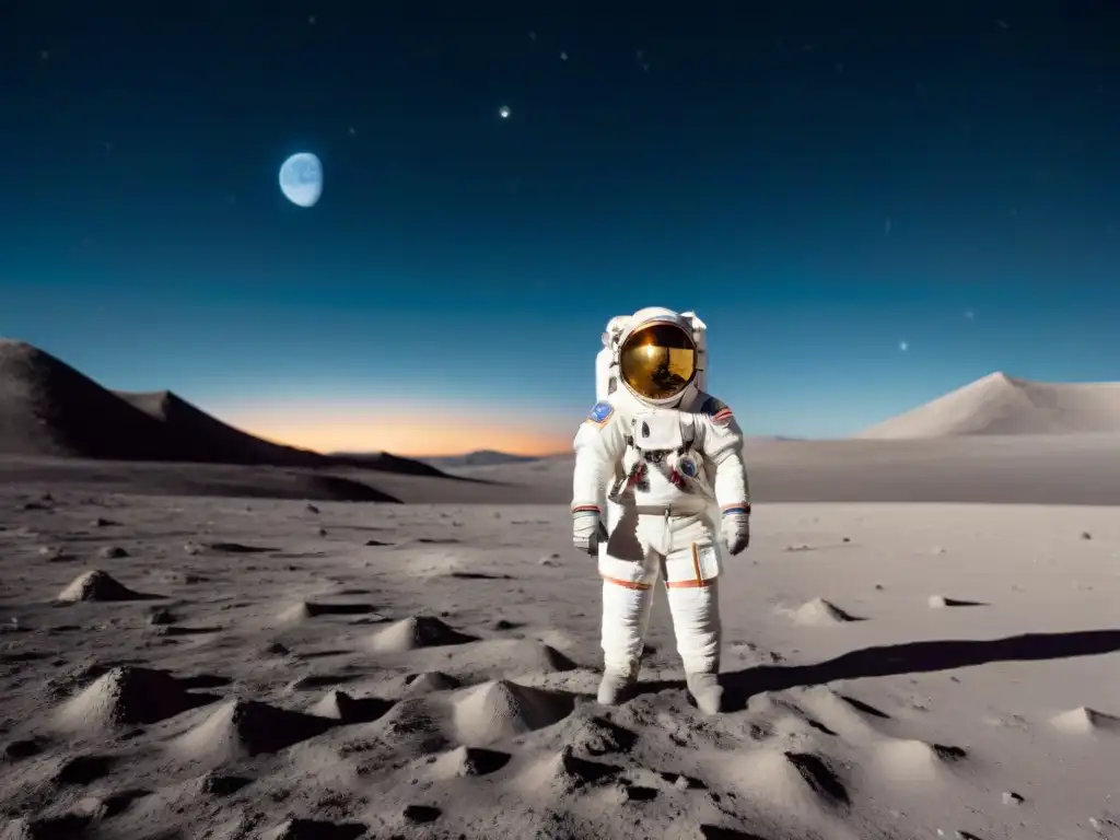 Un astronauta en traje espacial solo en la desolada Luna, con la Tierra de fondo