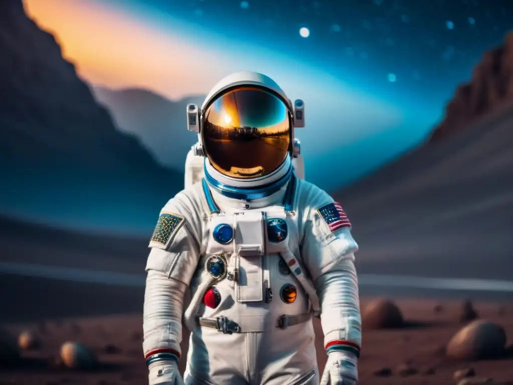 Un astronauta con traje espacial ergonómico en la galaxia, resaltando la importancia de la ergonomía en diseño de trajes espaciales