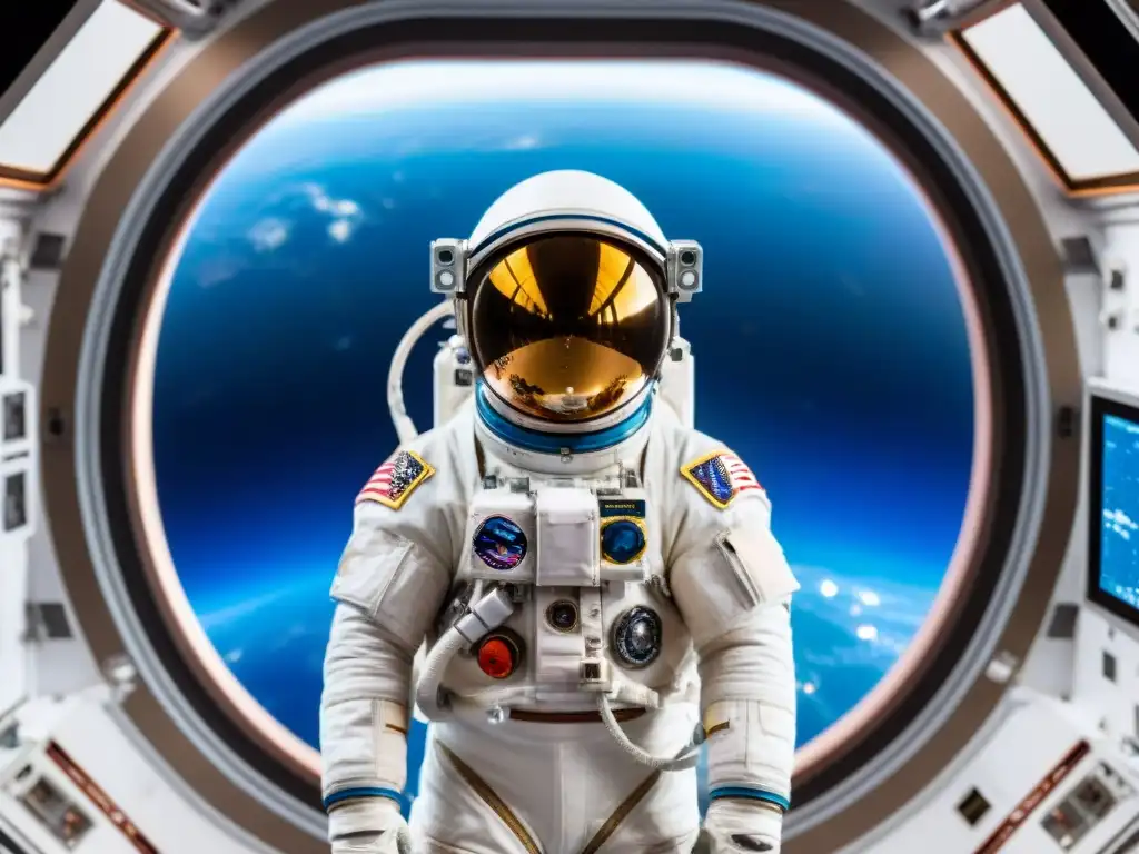 Astronauta en traje espacial flota en la Estación Espacial Internacional, rodeado de tecnología, con la Tierra vista desde la ventana