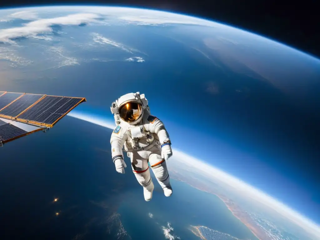 Un astronauta en traje espacial frente a la Estación Espacial Internacional, reflejando la curvatura de la Tierra