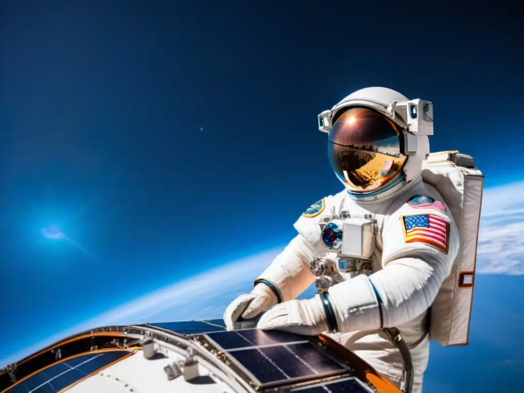 Un astronauta con traje espacial frente a la Estación Espacial Internacional, reflejando la Tierra en su visor