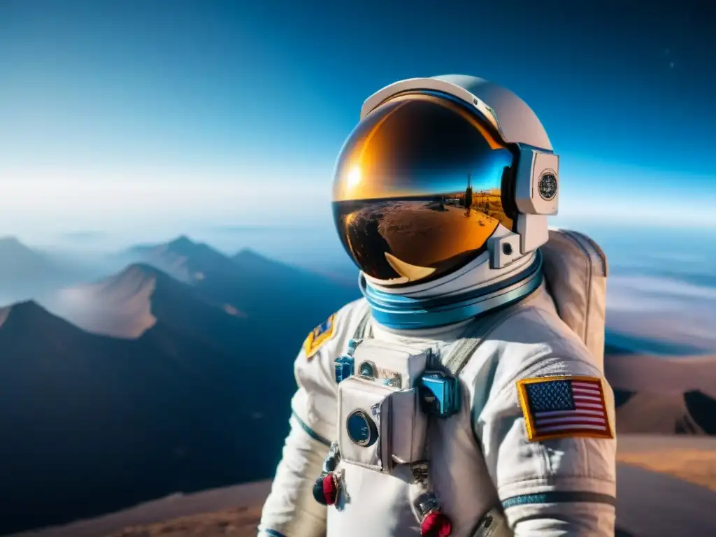 Astronauta con traje espacial frente a la Tierra, visor muestra tecnología avanzada