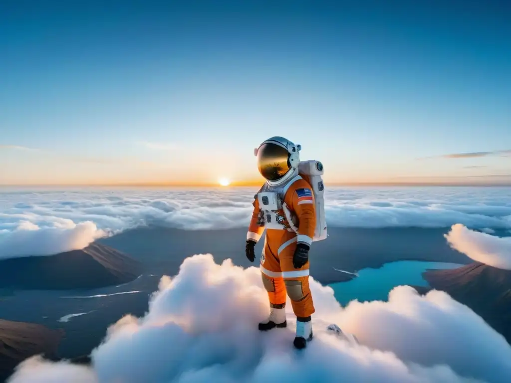 Astronauta en traje espacial frente a la Tierra brillante al amanecer Un astronauta en traje espacial frente a la Tierra brillante al amanecer, reflejando la exploración espacial del geofísico Alexander Gerst