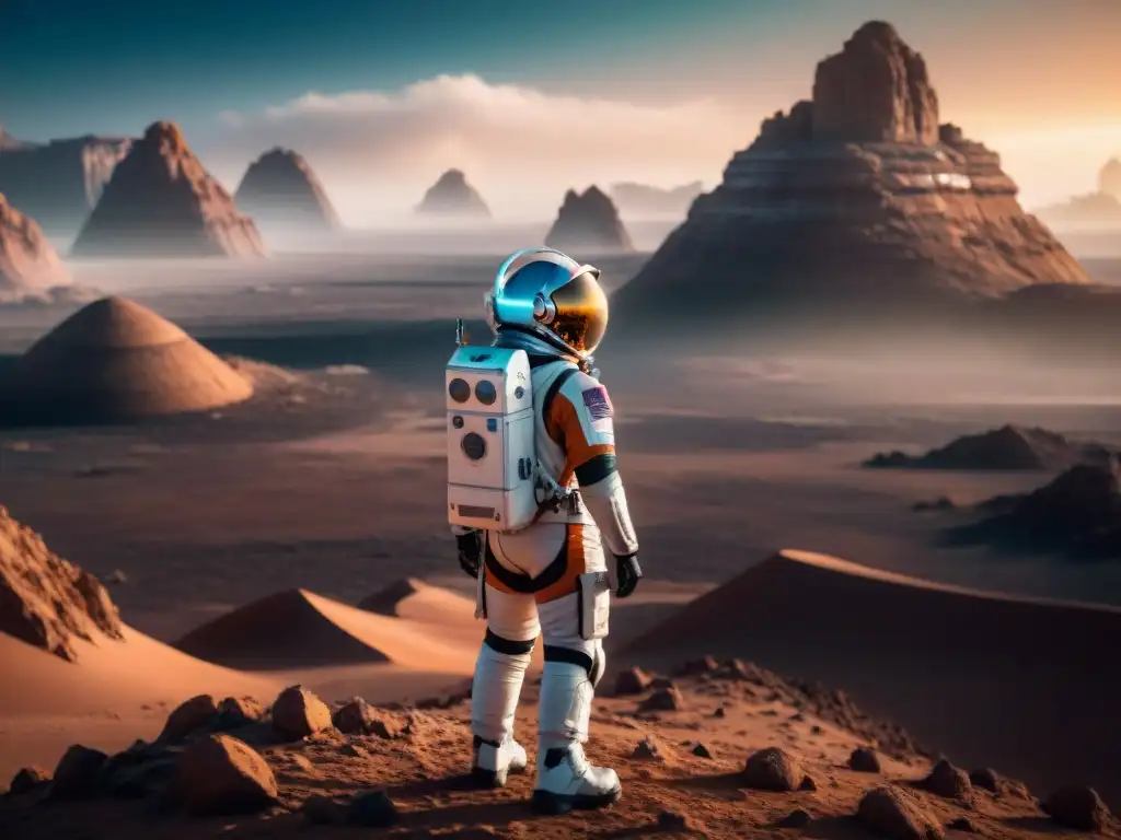 Un astronauta en un traje espacial futurista contempla un planeta remoto mientras robots en el cine de ciencia ficción brillan en su traje hightech