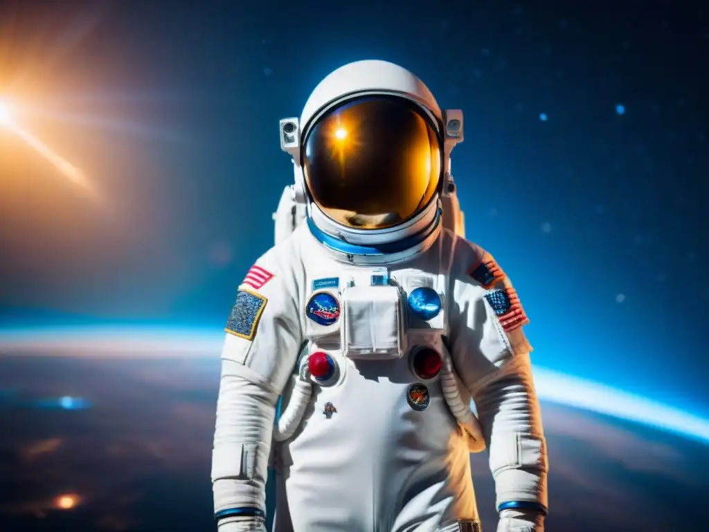 Un astronauta en un traje espacial futurista, con tecnología avanzada y ajustes personalizados, frente a un cosmos estrellado