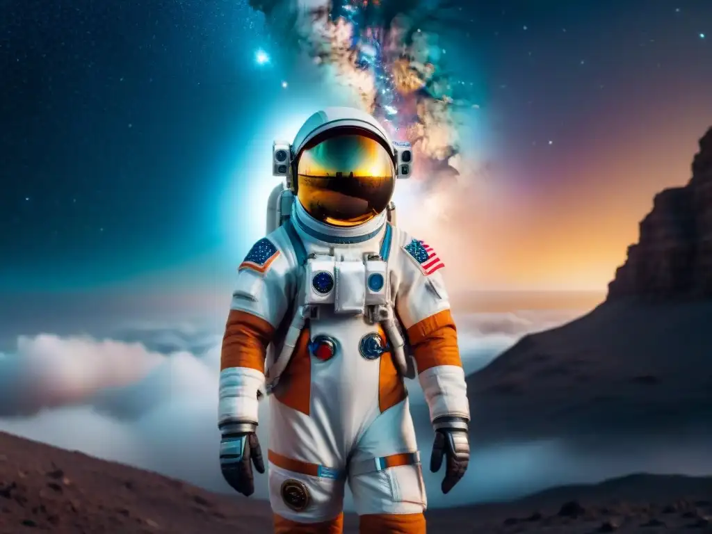 Astronauta en traje espacial futurista ante galaxia distante, destacando innovaciones traje espacial próxima generación