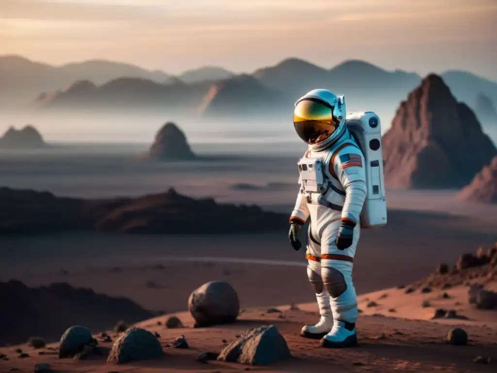 Un astronauta en un traje espacial futurista en un paisaje alienígena