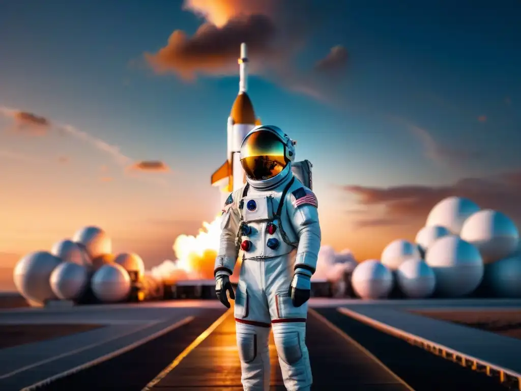 Un astronauta en traje espacial futurista frente a un cohete gigante en plataforma de lanzamiento al atardecer