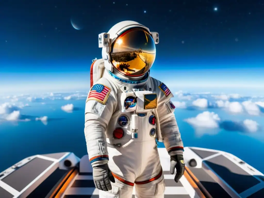 Un astronauta en traje espacial futurista, contemplando la Tierra desde el espacio