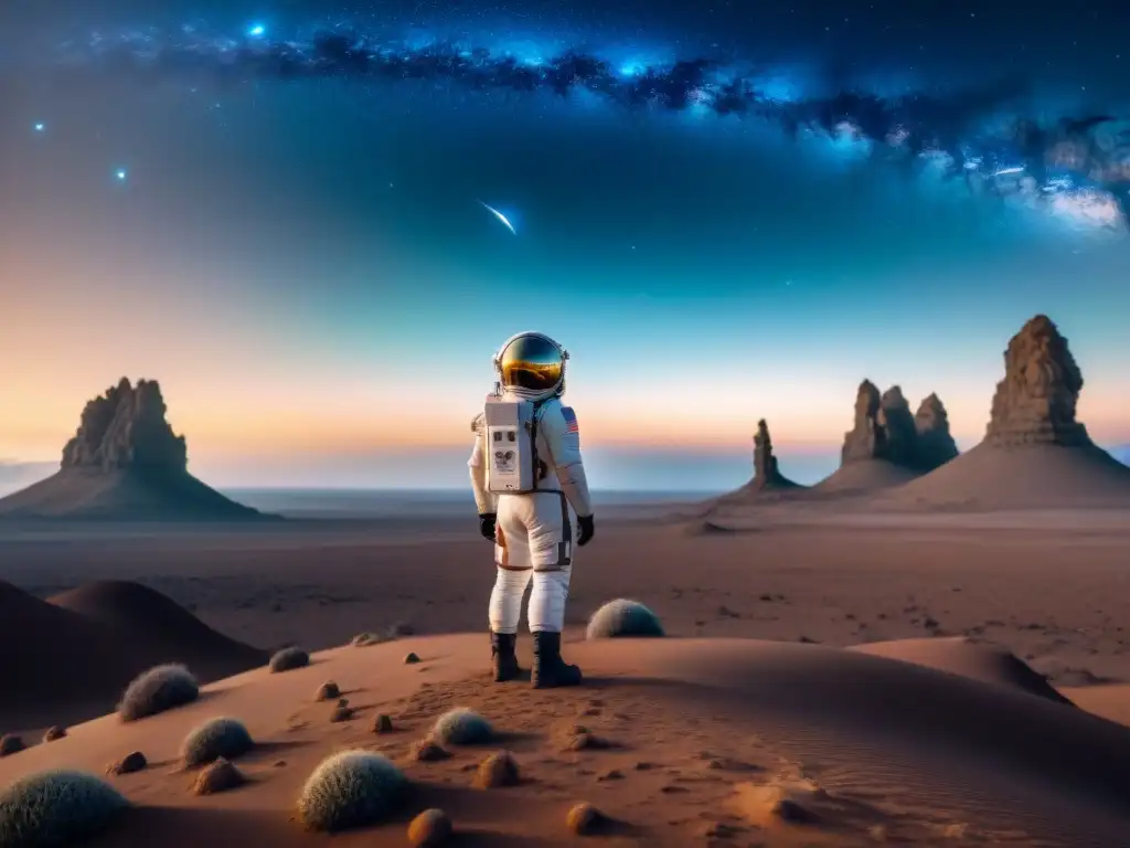 Un astronauta en un traje espacial futurista contempla un paisaje alienígena, rodeado de galaxias