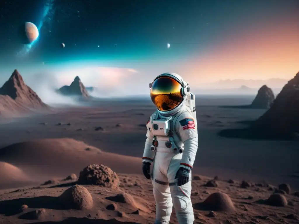 Un astronauta en un traje espacial futurista, explorando un planeta distante con un paisaje alienígena y galaxias en el cielo