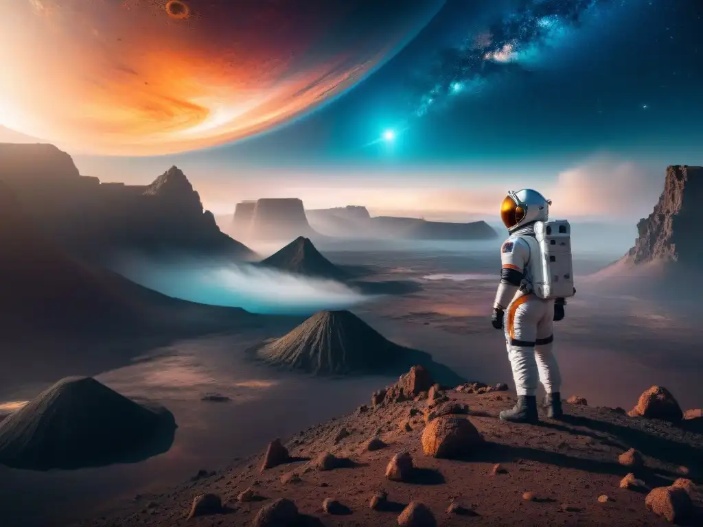 Un astronauta en un traje espacial futurista contempla un paisaje alienígena, bajo una galaxia vibrante