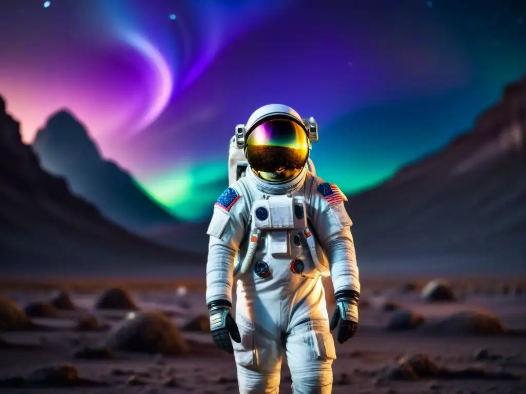 Un astronauta en un traje espacial futurista en un planeta alienígena con auroras de colores